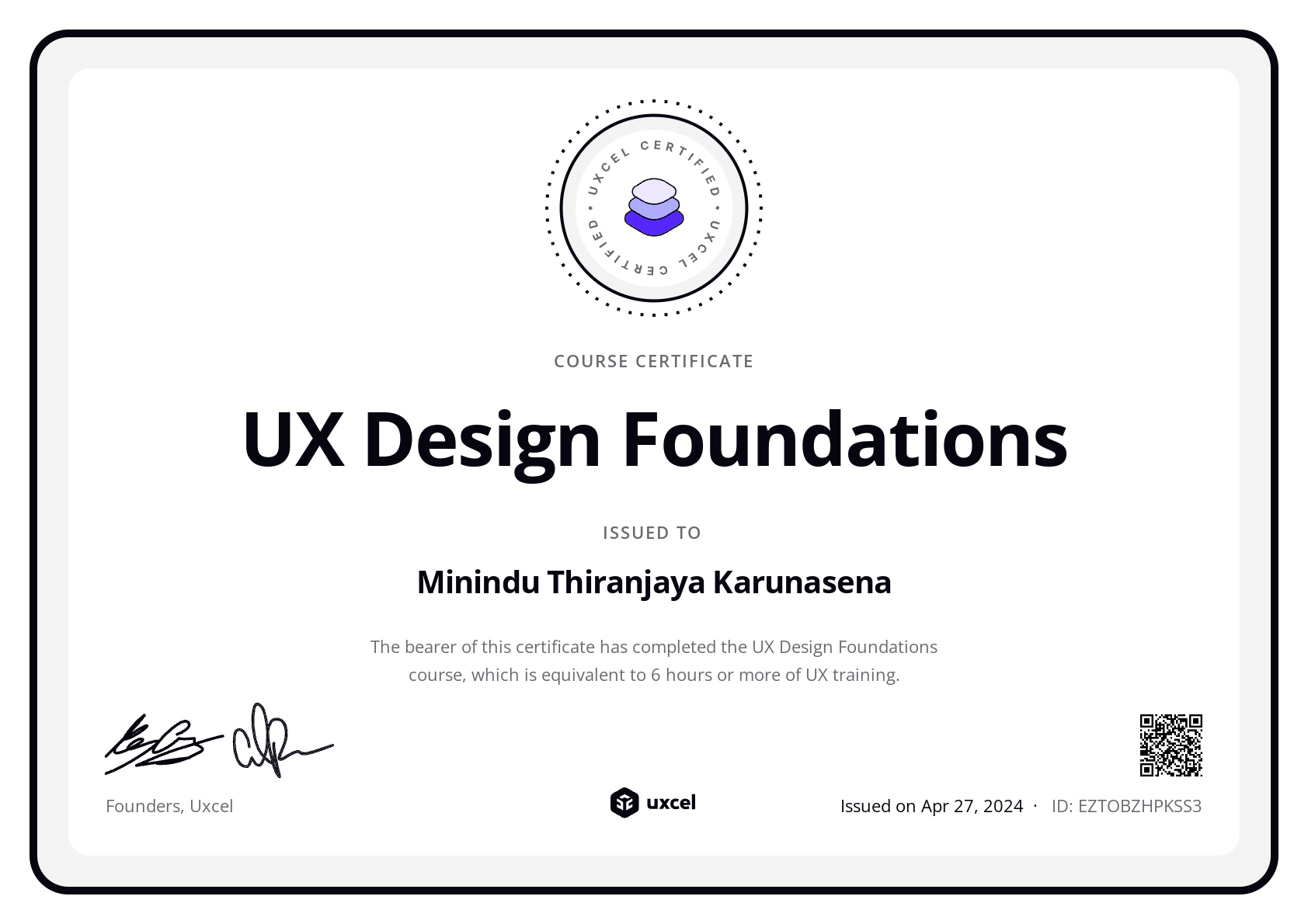 Minindu Thiranjaya Karunasena's certificate